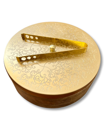 Wooden Chapati Box with Brushed Gold Flower  Lid and tongs