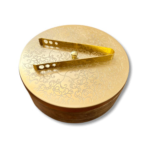 Wooden Chapati Box with Brushed Gold Flower  Lid and tongs