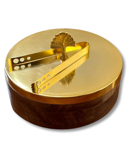 Wooden Chapati Box with Gold Peacock Lid and Tongs