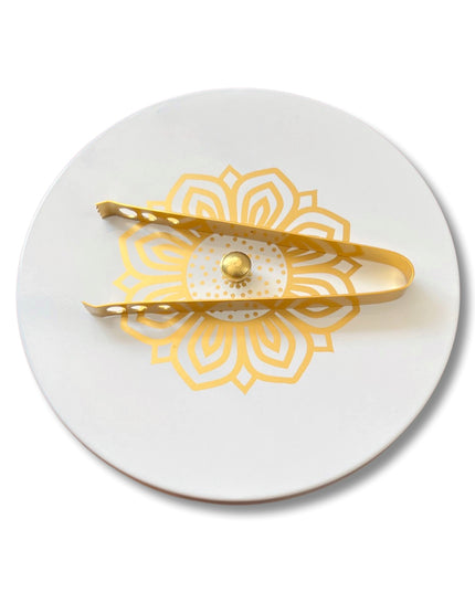 Wooden Chapati Box with White Gold Rangoli Lid and tongs