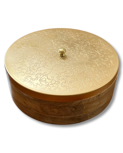Wooden Chapati Box with Brushed Gold Flower  Lid