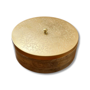 Wooden Chapati Box with Brushed Gold Flower  Lid