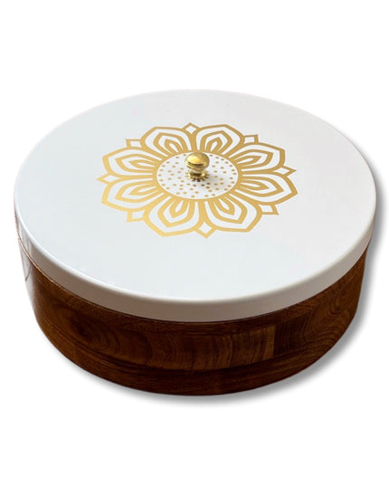 Wooden Chapati Box with White Gold Rangoli Lid