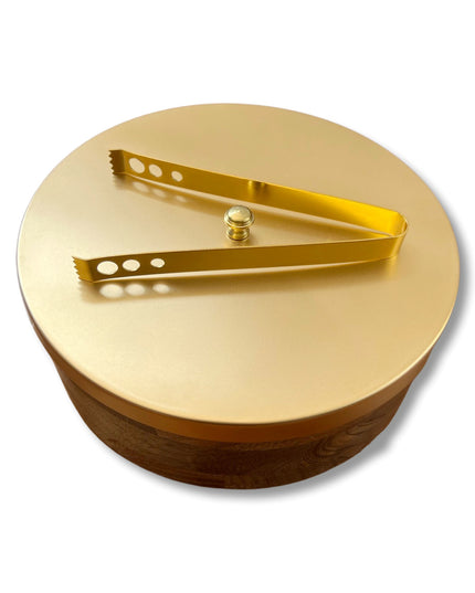 Wooden Chapati Box with Brushed Gold  Lid and Tongs