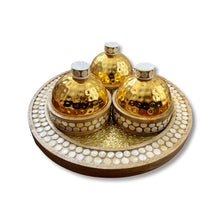 Load image into Gallery viewer, Hammered Gold Tray with Mother of Pearl and Mango Wood Containers
