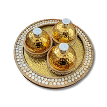 Load image into Gallery viewer, Hammered Gold Tray with Mother of Pearl and Mango Wood Containers
