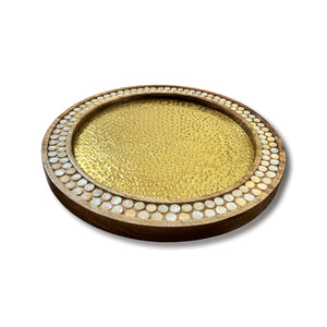 Hammered Gold Tray with Mother of Pearl and Mango Wood