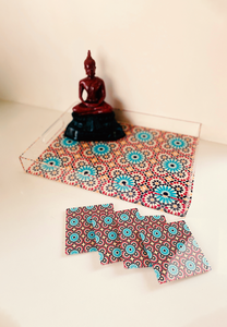 Acrylic Red Turquoise Turkish Printed Tray and Coasters