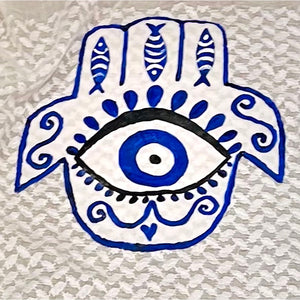 Hand-painted white kaftan with Blue Hamsa