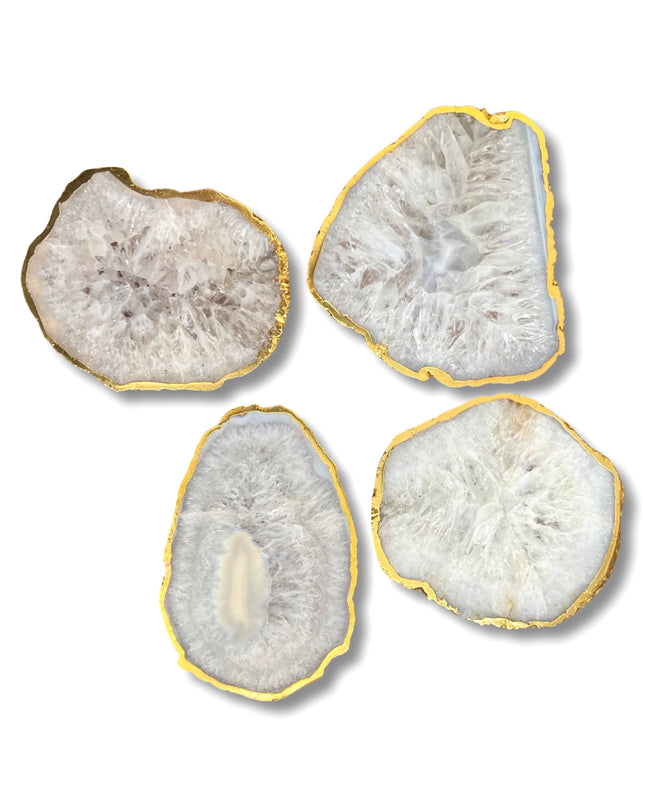 White Agate Coasters Set with Gold Border