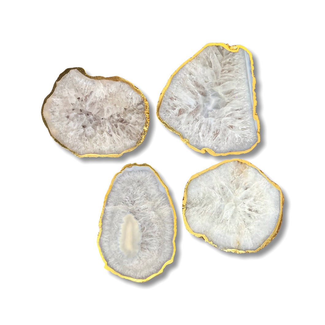 White Agate Coasters Set with Gold Border