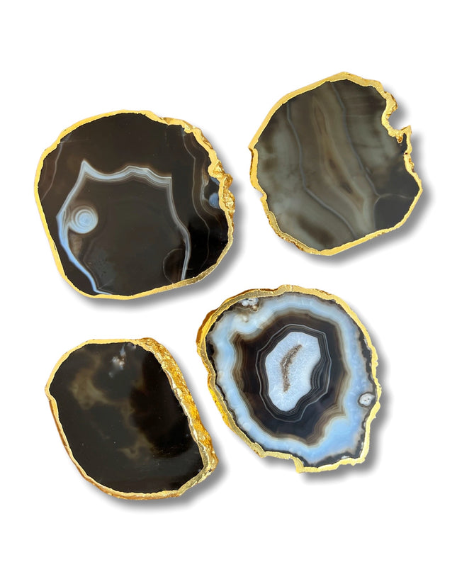 Black Agate Coasters Set with Gold Border