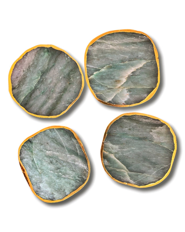 Green Agate Coasters Set with Gold Border