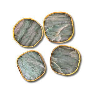 Green Agate Coasters Set with Gold Border