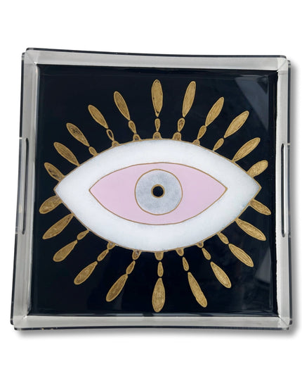 Square Hand Painted Acrylic Black Pink Evil Eye Nazar Tray