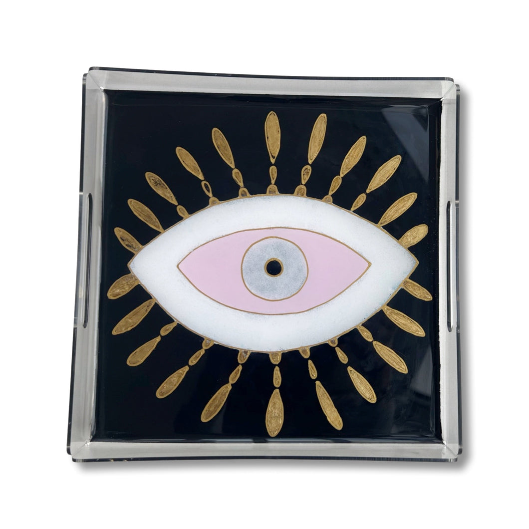 Square Hand Painted Acrylic Black Pink Evil Eye Nazar Tray