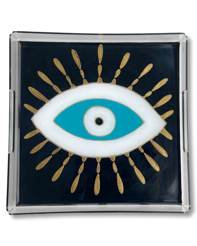 Square Hand Painted Acrylic Black Turquoise Evil Eye Nazar Tray