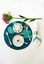 Load image into Gallery viewer, Blue Round Beaded Placemat Espresso Cup Dessert Plate Silver Hammered Cutlery Napkin Ring Embroidered Nadia Dafri Napkin Turquoise
