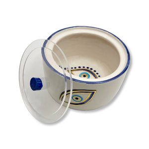 White Hand Painted Container with Evil Eye Nazar and Acrylic Lid