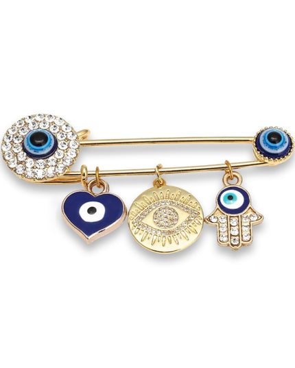 Gold Evil Eye Nazar Coin Heart Hamsa Brooch with Crystals