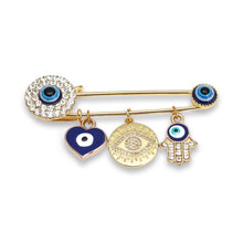 Load image into Gallery viewer, Gold Evil Eye Nazar Coin Heart Hamsa Brooch with Crystals
