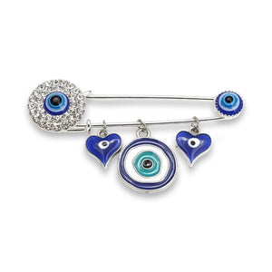 Silver Evil Eye Nazar Heart Brooch with Crystals