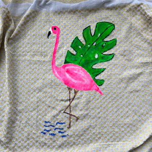 Hand-painted yellow white kaftan with Pink Flamingo