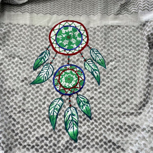 Hand-painted gray and white kaftan with Green Dreamcatcher