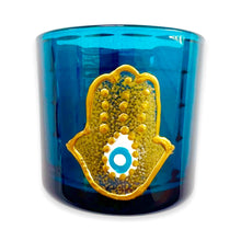 Load image into Gallery viewer, Hand Painted Blue Glass Fatima Hamsa Hand Candle Holder
