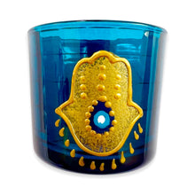 Load image into Gallery viewer, Hand Painted Blue Glass Fatima Hamsa Hand Candle Holder
