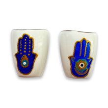 Load image into Gallery viewer, Hand Painted Ceramic Fatima Hamsa Salt and Pepper Shakers
