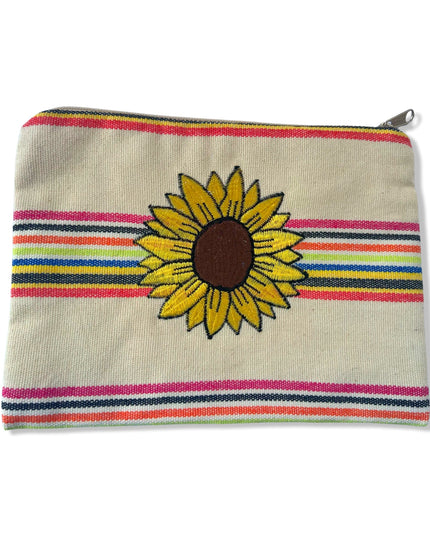 Multi-Colored Cotton Pouch with Yellow Embroidered Sunflower