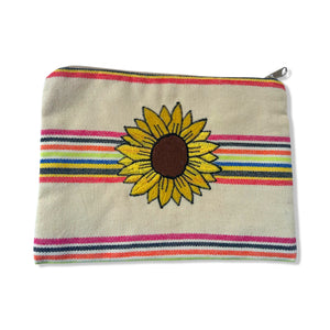 Multi-Colored Cotton Pouch with Yellow Embroidered Sunflower