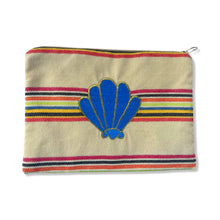 Load image into Gallery viewer, Multi-Colored Cotton Pouch with Blue Embroidered Seashell
