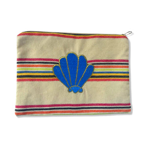 Multi-Colored Cotton Pouch with Blue Embroidered Seashell
