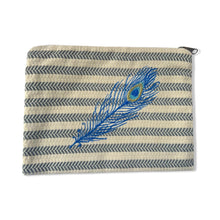 Load image into Gallery viewer, Gray White Cotton Pouch with Blue Embroidered Peacock Feather
