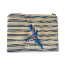 Load image into Gallery viewer, Gray White Cotton Pouch with Blue Purple Embroidered Bird

