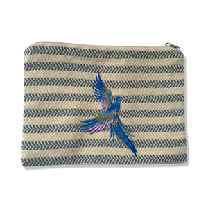 Gray White Cotton Pouch with Blue Purple Embroidered Bird