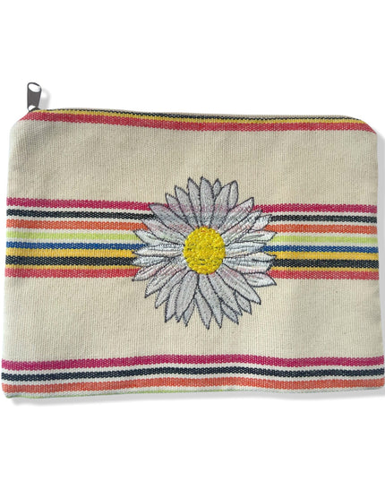 Multi-Colored Cotton Pouch with White Embroidered Flower