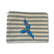 Load image into Gallery viewer, Gray White Cotton Pouch with Blue Gold Embroidered Bird
