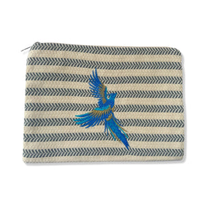 Gray White Cotton Pouch with Blue Gold Embroidered Bird