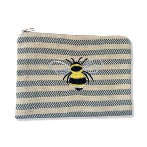 Gray White Cotton Pouch with  Embroidered Bumblebee Bee