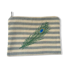 Load image into Gallery viewer, Gray White Cotton Pouch with Green Embroidered Peacock Feather
