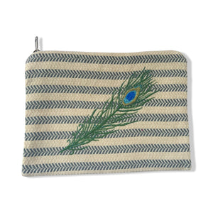 Gray White Cotton Pouch with Green Embroidered Peacock Feather