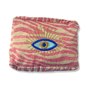 Pink White Cosmetic Pouch with Evil Eye Nazar Embroidery