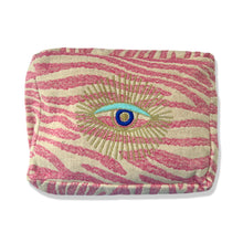 Load image into Gallery viewer, Pink White Cosmetic Pouch with Evil Eye Nazar Embroidery
