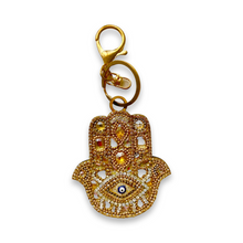 Load image into Gallery viewer, Embellished Hand Beaded Hamsa Fatima Keychain Gold Evil Eye Nazar

