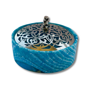 Round Turquoise Marble Container with Lace Stainless Steel Lid