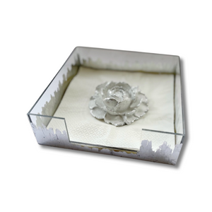 Acrylic Square Handpainted Napkin Holder with Silver Ceramic Rose