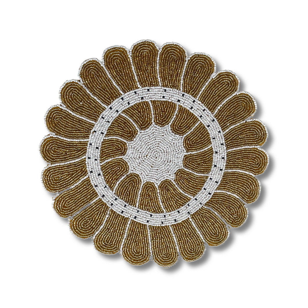 Beaded Flower Gold  White Round Placemat